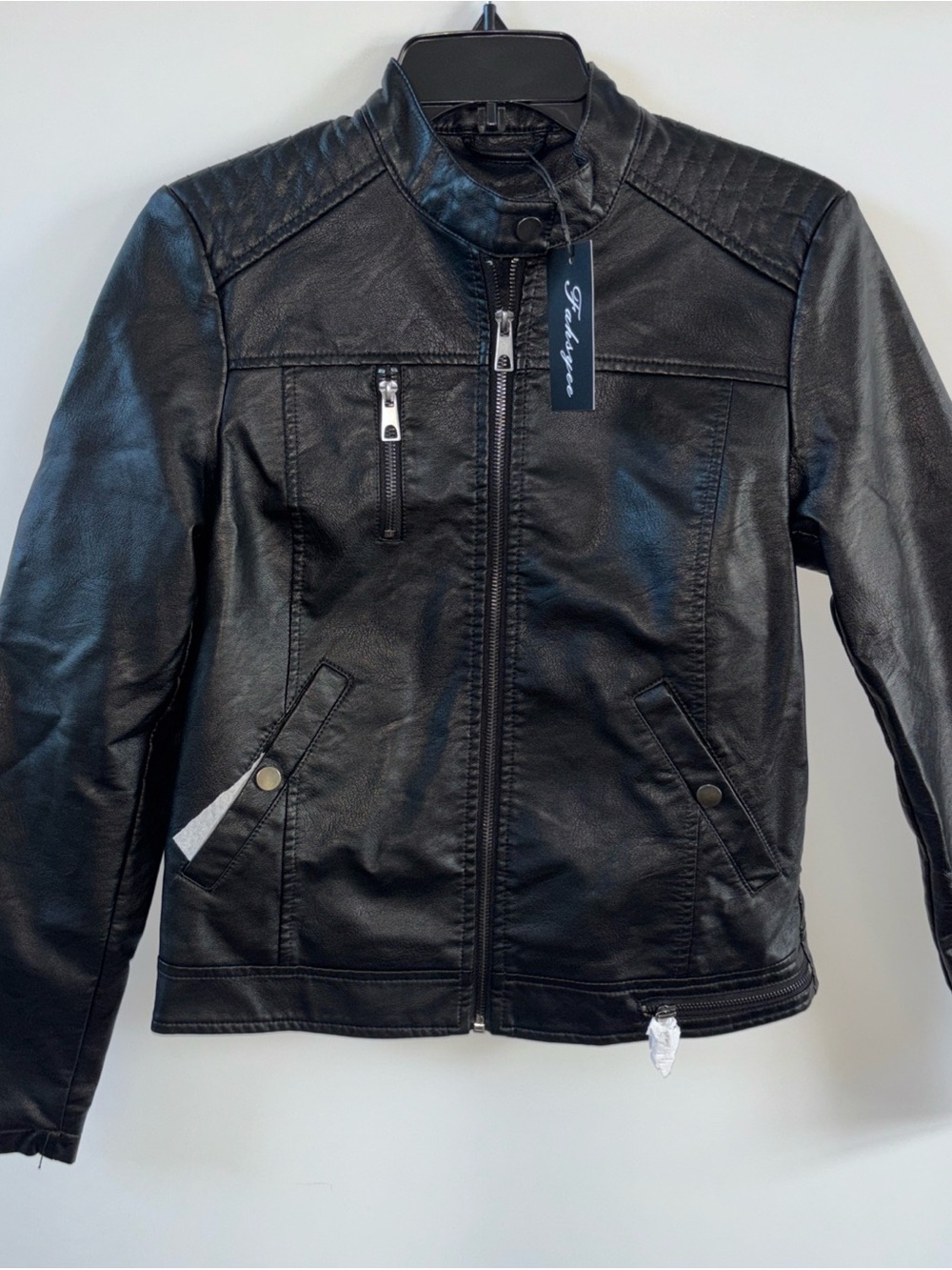 Fahsyee Women's Large Faux Leather Motorcycle Jacket, Black, Medium